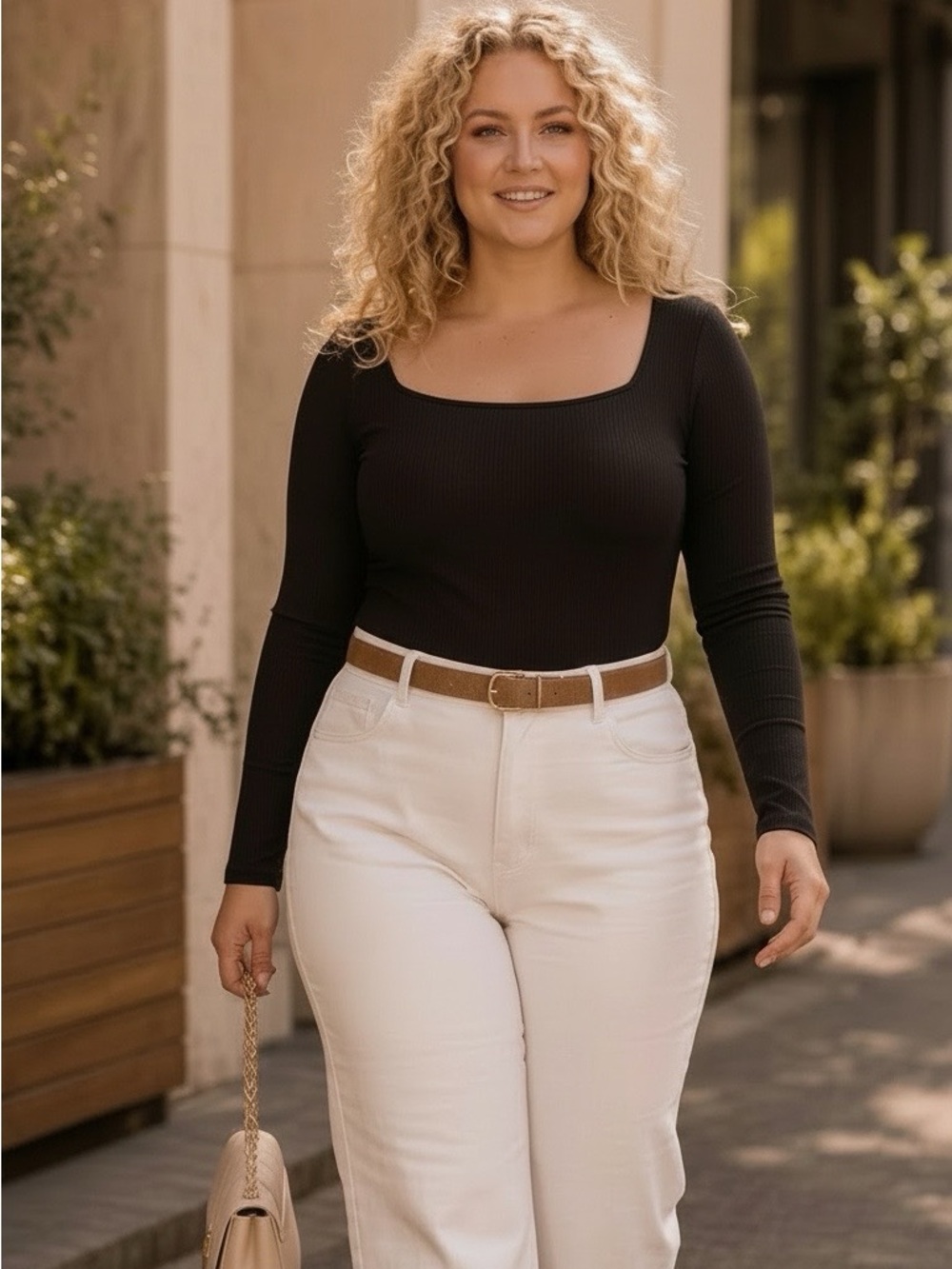 OQQ Long-Sleeve Square Neck Ribbed Top - Black
